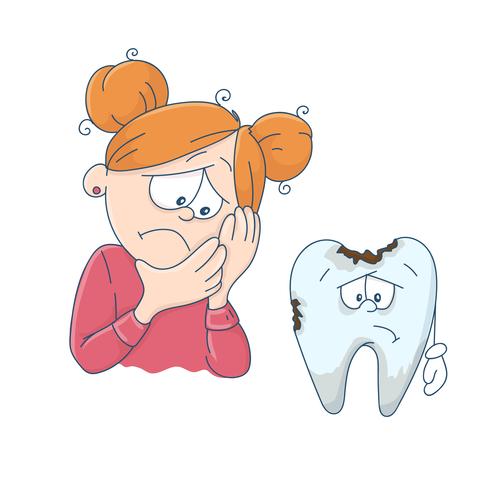 Art sur le sujet de la dentisterie pour enfants. Fille de dessin animé mignon et une mauvaise dent. vecteur