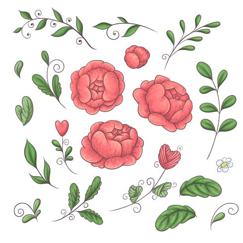 Un ensemble de pivoines et d’éléments floraux inspirés du dessin à la main dans les couleurs tendance 2019 corail vecteur