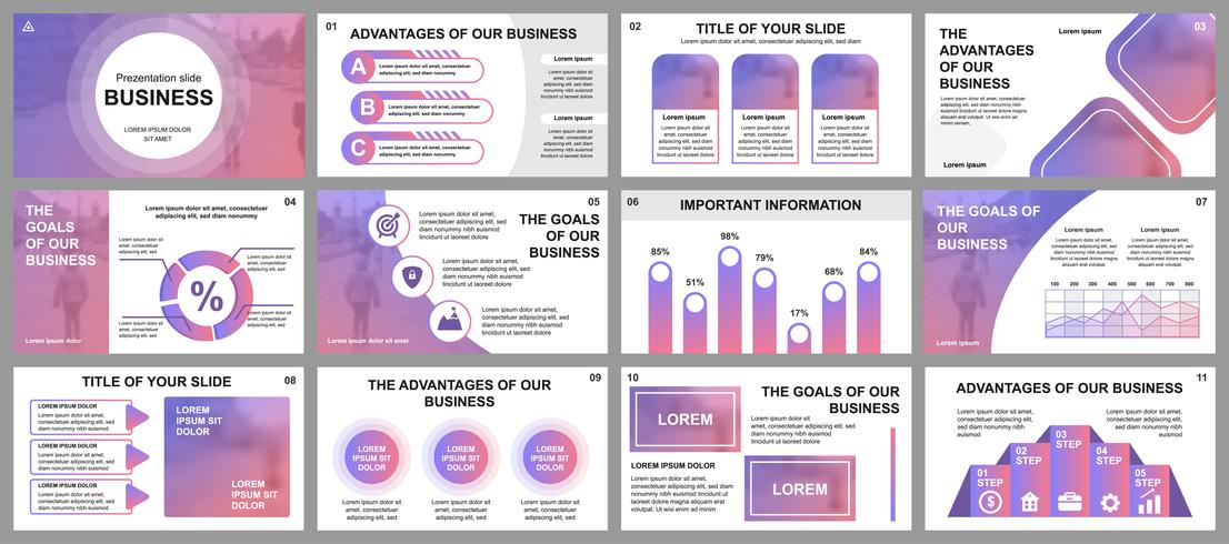 Modèles de diapositives de présentation d&#39;entreprise à partir d&#39;éléments infographiques. Peut être utilisé comme modèle de présentation, dépliant et dépliant, brochure, rapport d’entreprise, marketing, publicité, rapport annuel, bannière. vecteur