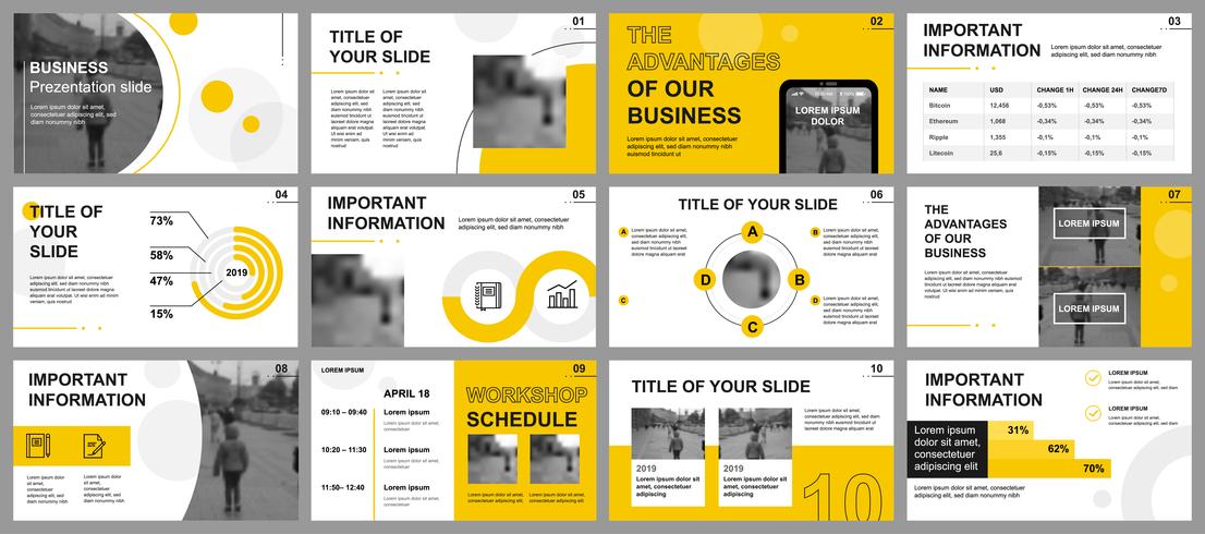 Modèles de diapositives de présentation d&#39;entreprise à partir d&#39;éléments infographiques. Peut être utilisé comme modèle de présentation, dépliant et dépliant, brochure, rapport d’entreprise, marketing, publicité, rapport annuel, bannière. vecteur