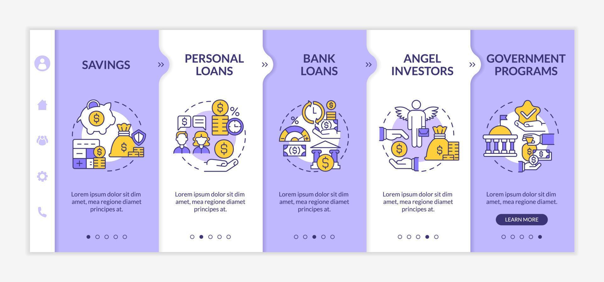 modèle vectoriel d'intégration de programme d'investissement d'entreprise. prêts bancaires. site Web mobile réactif avec des icônes. page Web pas à pas, écrans en 5 étapes. concept de couleur bancaire avec illustrations linéaires