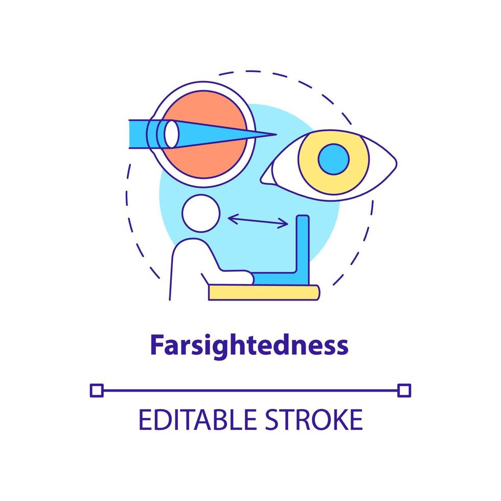 icône de concept d'hypermétropie. trouble visuel courant. problèmes à traiter avec l'illustration de la ligne mince de l'idée abstraite de la chirurgie au laser. dessin de couleur de contour isolé de vecteur. trait modifiable vecteur