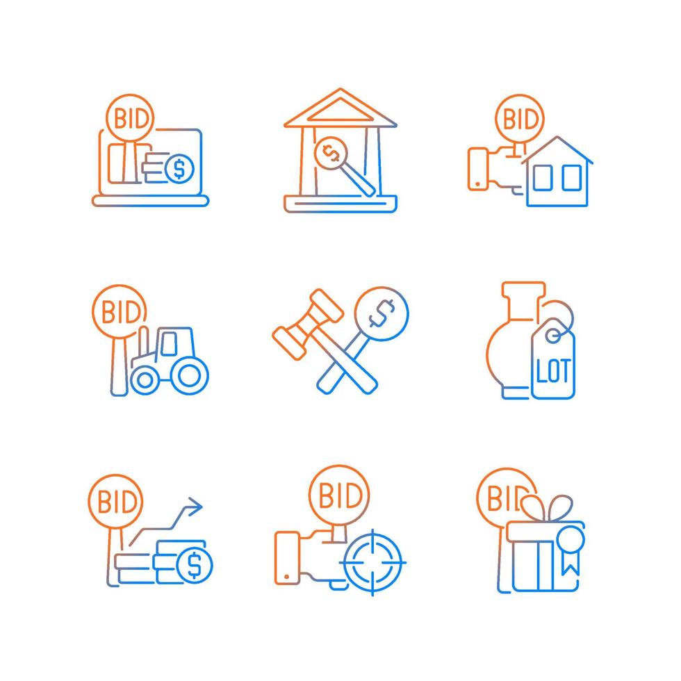 types d'icônes vectorielles linéaires à gradient de négociation définies. Maison de vente aux enchères. appel d'offres pour le matériel agricole. gagnant de l'enchère. paquet de symboles de contour de ligne mince. collection d'illustrations de contour isolé vecteur