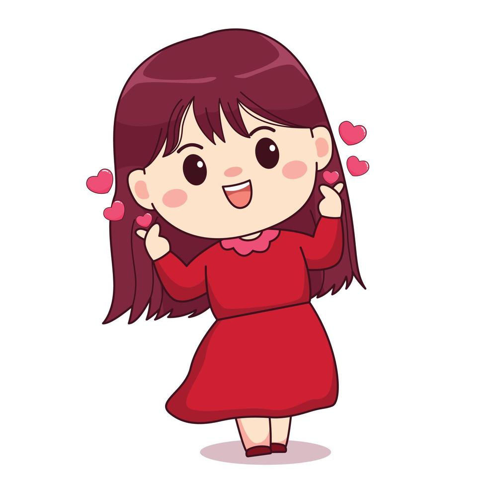 Saint Valentin signe d'amour fille avec une robe rouge conception de personnage chibi kawaii mignon vecteur