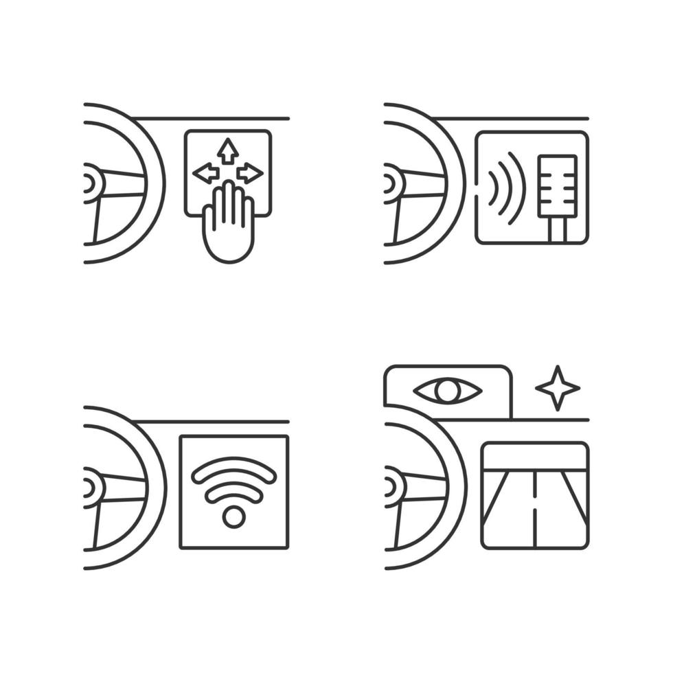 Ensemble d'icônes linéaires de technologies automobiles avancées. Contrôle gestuel. assistance vocale numérique. vision nocturne. symboles de contour de ligne mince personnalisables. illustrations de contour de vecteur isolé. trait modifiable