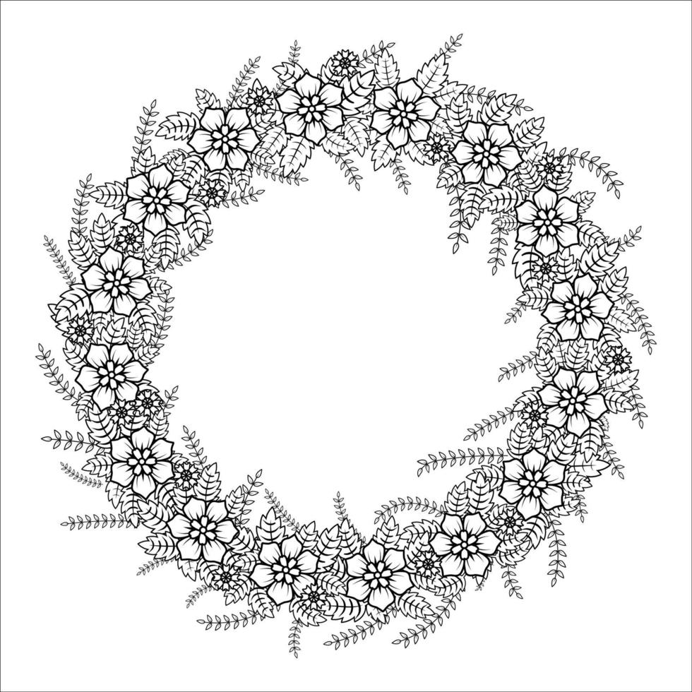 couronne de fleurs ronde.dessin dans le style de doodle.image en noir et blanc .coloration de fleurs.cadre rond de fleurs.convient pour les cartes postales et les invitations.vector vecteur