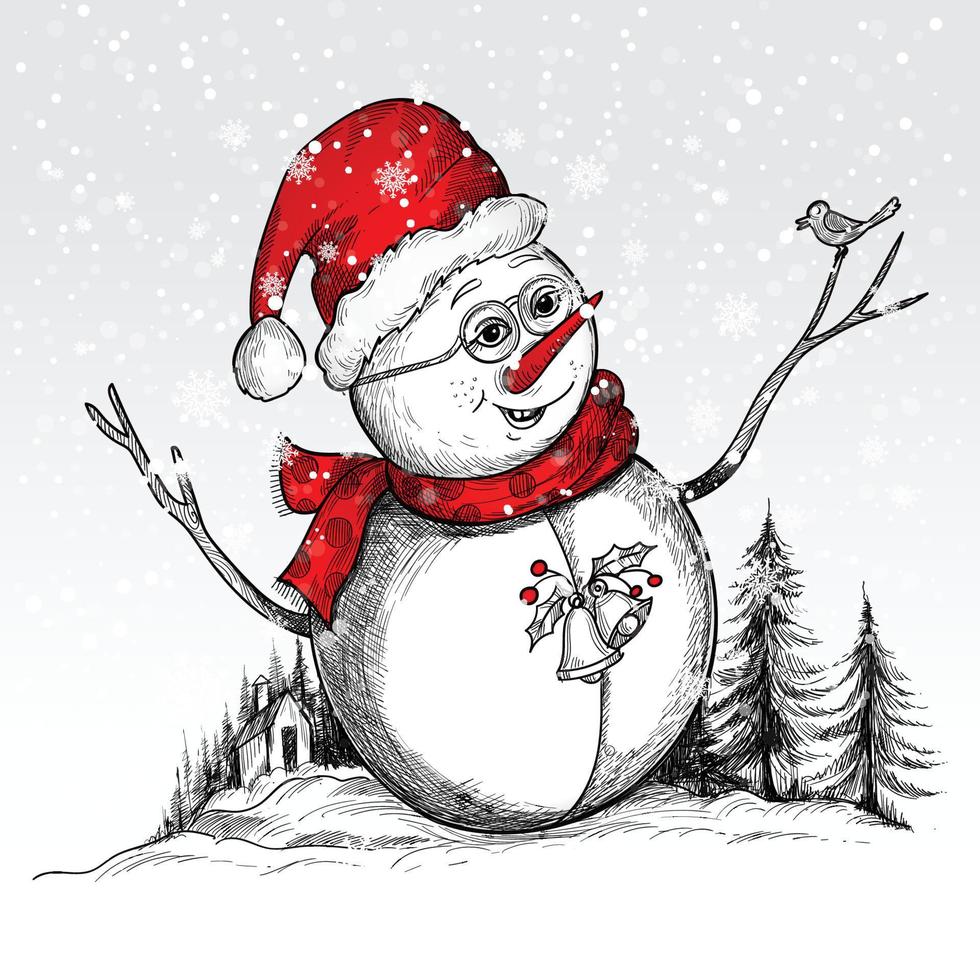 main dessiner mignon bonhommes de neige joyeux croquis joyeux noël fond de carte vecteur