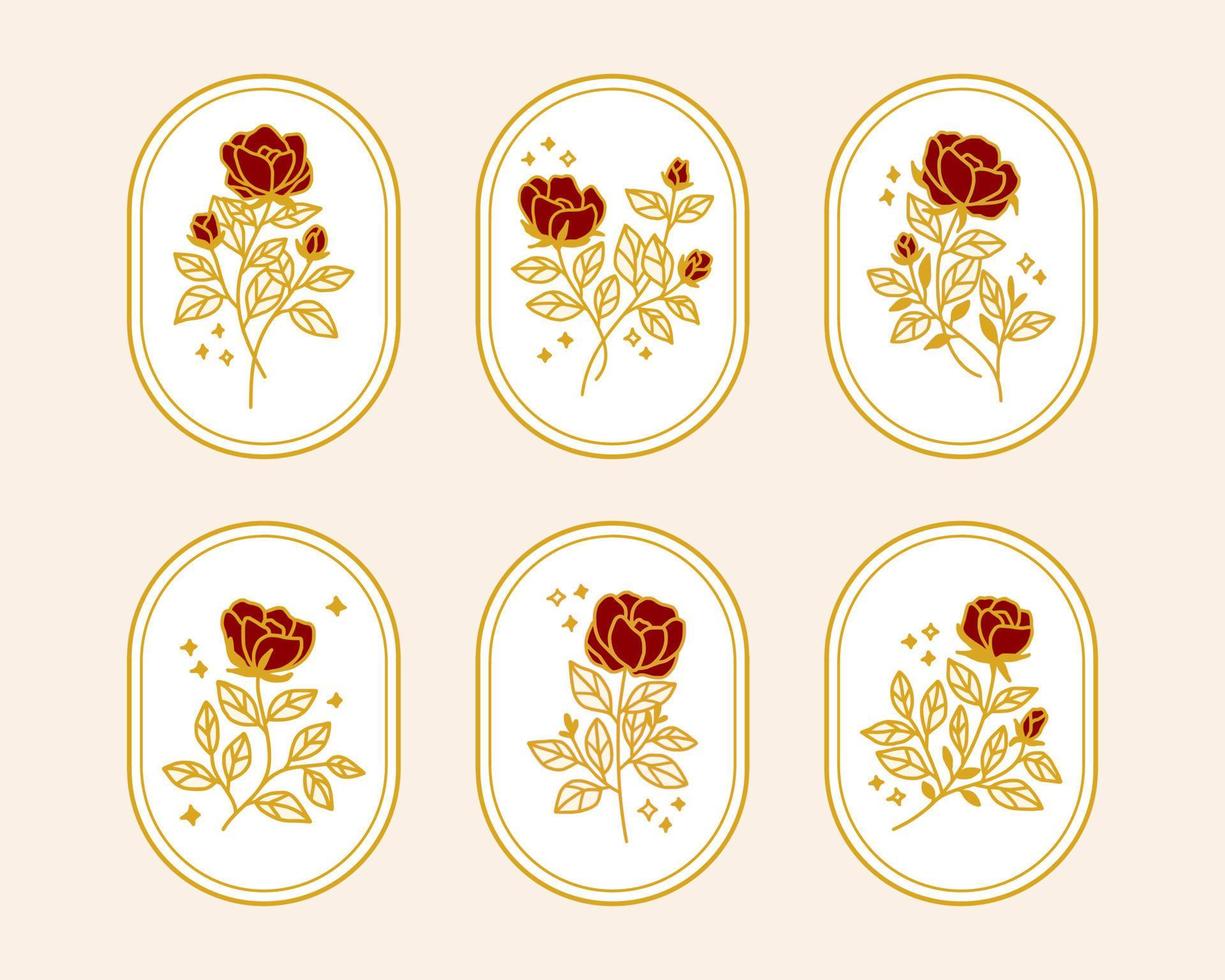 ensemble d'éléments de logo féminin et beauté vintage fleur rose dessinés à la main vecteur