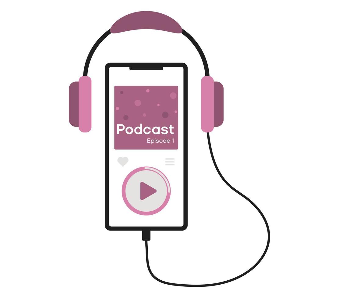 écouteurs roses avec mobile pour écouter l'illustration vectorielle de podcast. diffusion de jeu de smartphone isolée, interview ou actualités. radio et concert dans votre téléphone vecteur