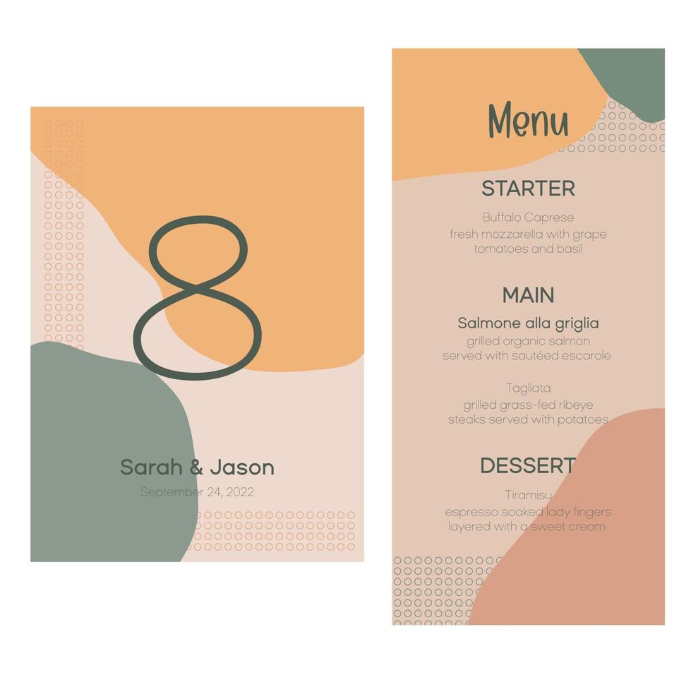 Menu de mariage 4x9 pouces et numéro de table 5x7 pouces design pour mariage bohème. mise en page moderne abstraite pour la célébration d'anniversaire de vacances vecteur