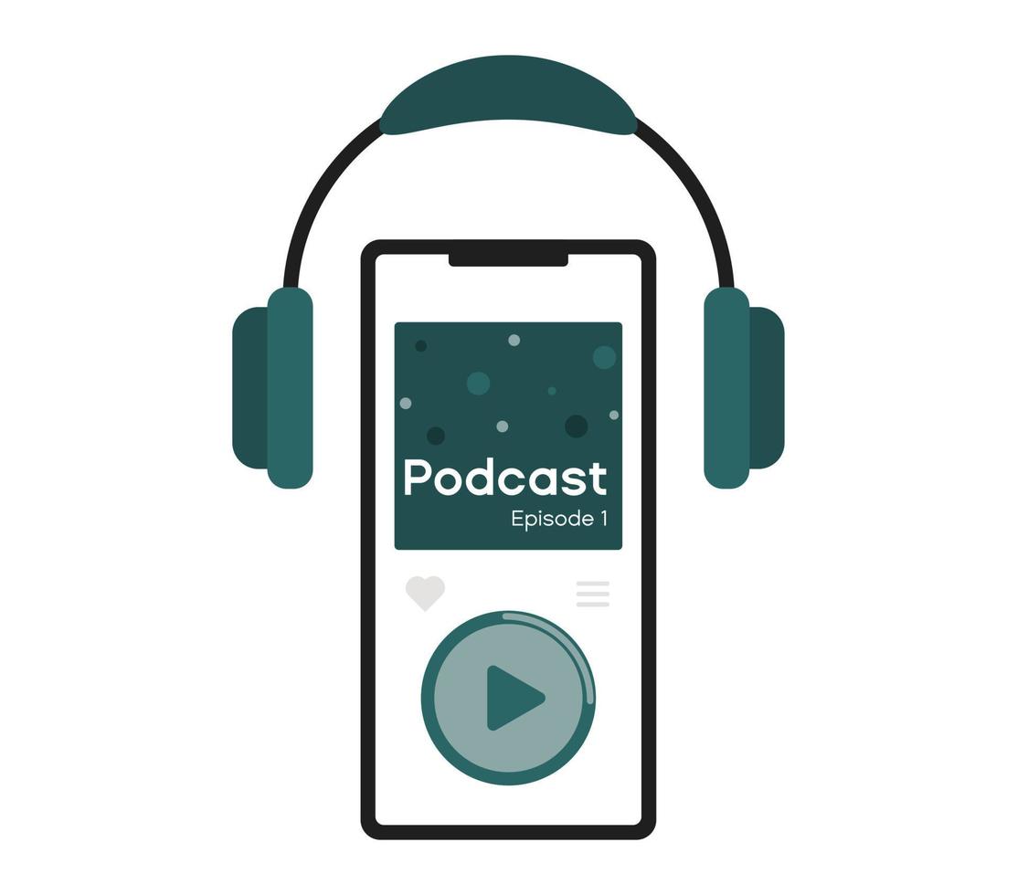 casque sans fil vert isolé. écoutez le podcast avec le bouton de lecture de l'application. technologie intelligente pour les interviews, la diffusion et le streaming d'actualités. vecteur