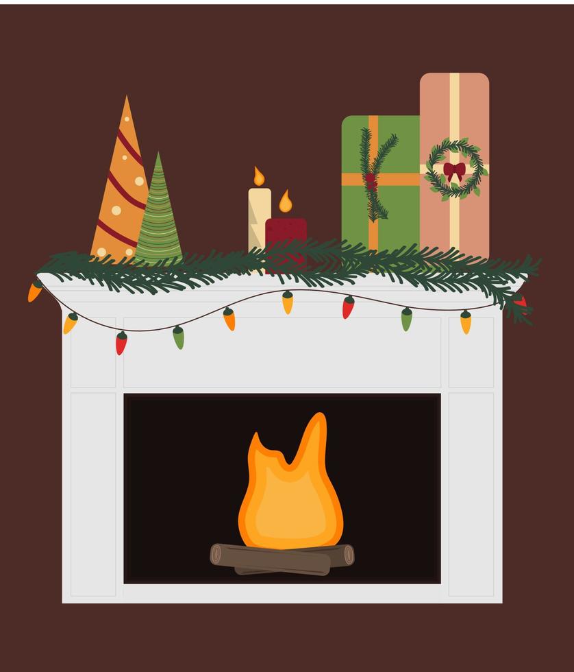 cheminée élégante avec cadeau de Noël, bougies et guirlande lumineuse pour la décoration de la carte. vecteur