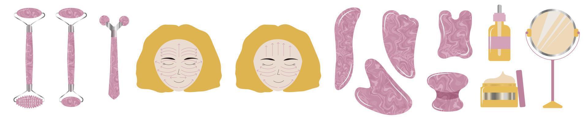 rouleau facial en marbre de texture rose et ensemble d'outils et d'équipements gua sha. fille blonde blanche faisant des exercices de visage avec des instructions. vecteur