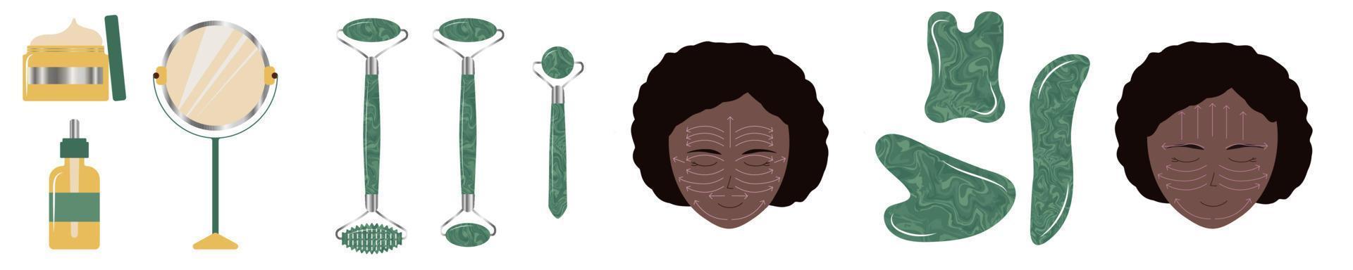 guide de direction de massage pour l'utilisation du jade vert guasha et du rouleau avec des flèches sur le visage d'une femme noire. soins de la peau à la maison avec des pierres précieuses et de l'exercice. vecteur