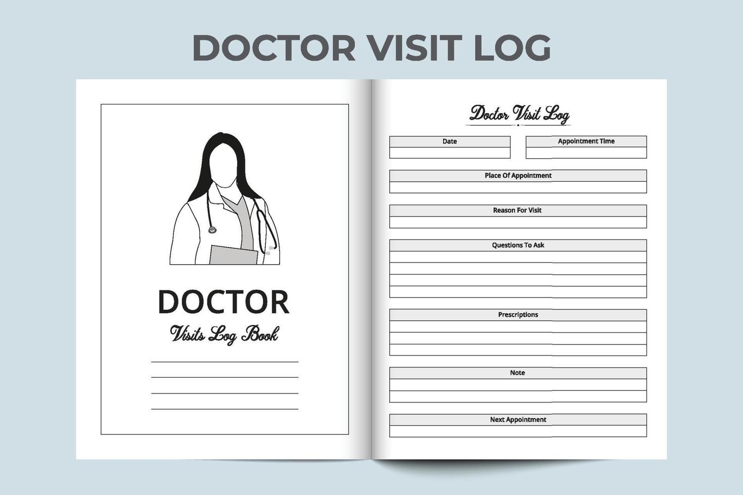 médecin visitant le journal de bord intérieur kdp. dessin au trait femme médecin avec vecteur de stéthoscope. carnet de visite médicale. carnet de santé et suivi médical. carnet médical. journal de bord médical intérieur kdp.