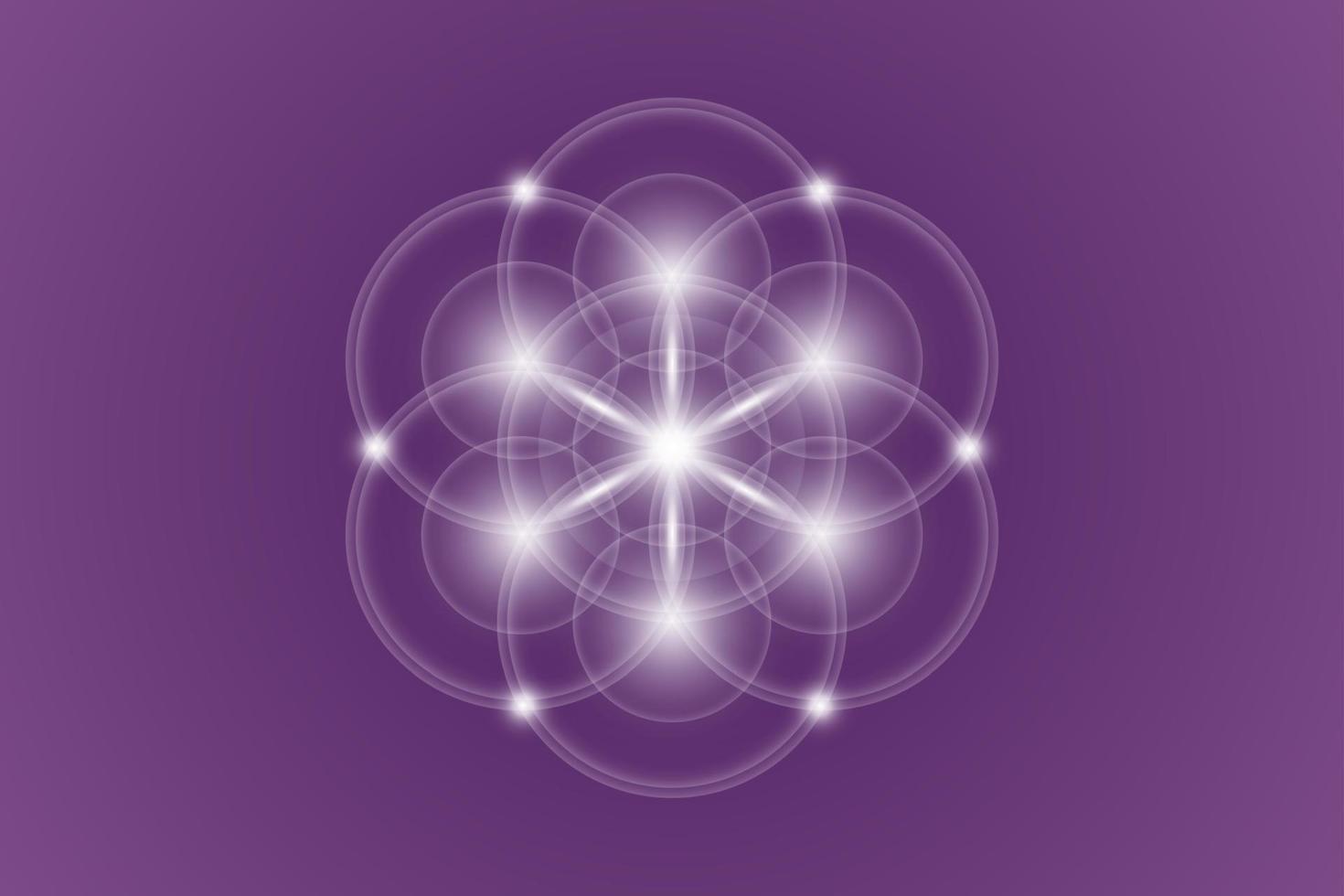 graine de vie, géométrie sacrée, fleur de vie, symbole de logo lumineux d'harmonie et d'équilibre, ornement géométrique brillant, vecteur isolé sur fond violet