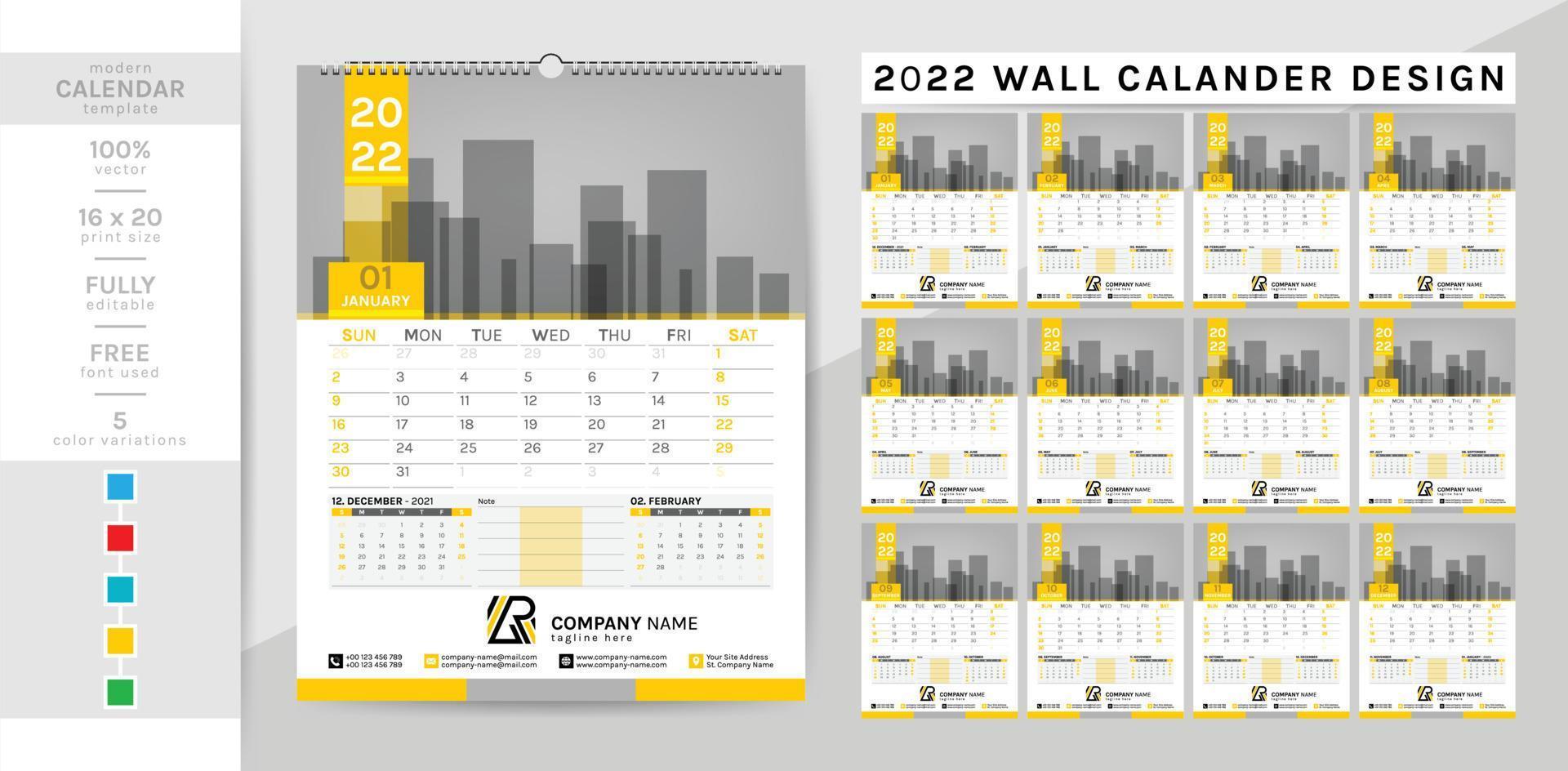 calendrier mural et modèle d'agenda pour l'année 2022. ce calendrier élégant et créatif est un incontournable pour votre maison et votre bureau. 2 thèmes colorwork, noir et autres. la semaine de 12 pages commence le dimanche. vecteur