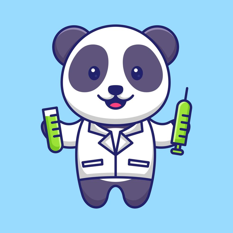 Docteur mignon de panda avec l'illustration d'icône de vecteur de dessin animé de seringue. concept de mascotte de santé animale. style de dessin animé plat