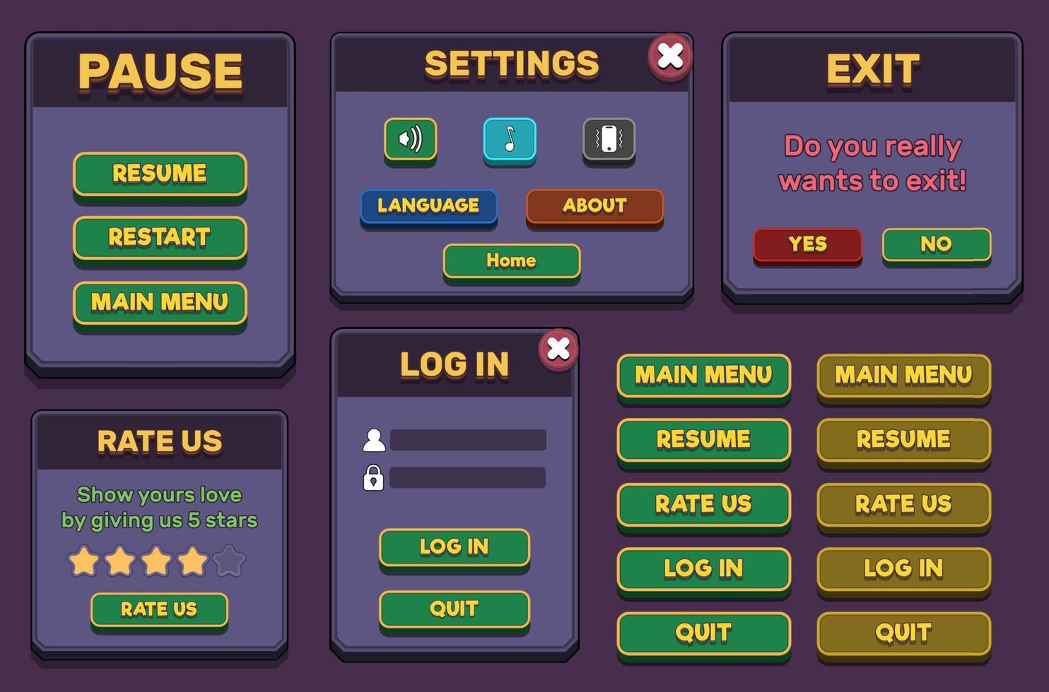 le kit d'interface utilisateur du jeu d'action contiendra des menus, des fenêtres contextuelles, des écrans et des éléments de jeu vecteur