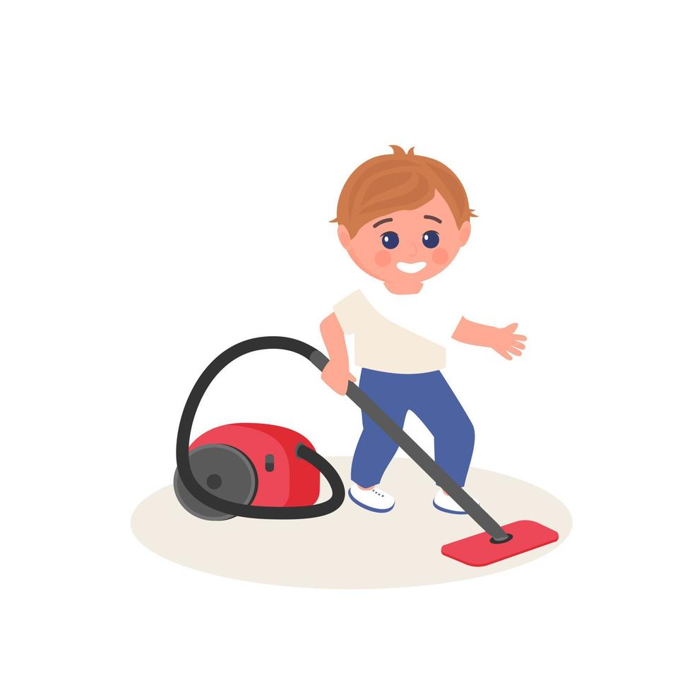 petit enfant utilisant un aspirateur à la maison. petit garçon faisant le ménage. vecteur