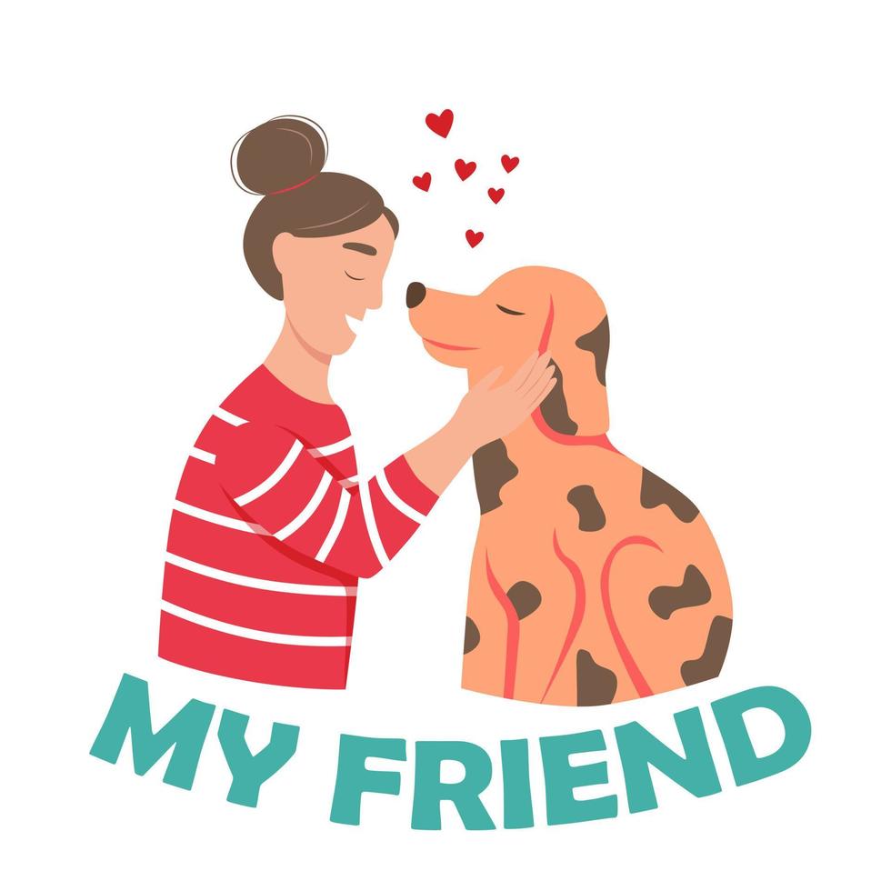une jeune femme avec un chien. propriétaire d'animal domestique. lettrage mon ami. illustration vectorielle plane vecteur