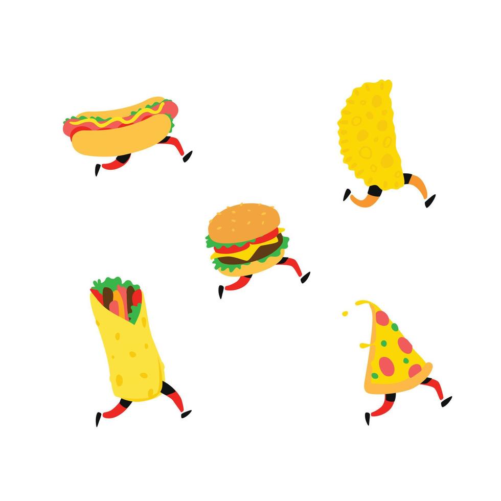 illustration de restauration rapide. vecteur. personnages hamburger, pizza, hot dog, shawarma, cheburek. éléments pour le menu. nourriture savoureuse. vecteur