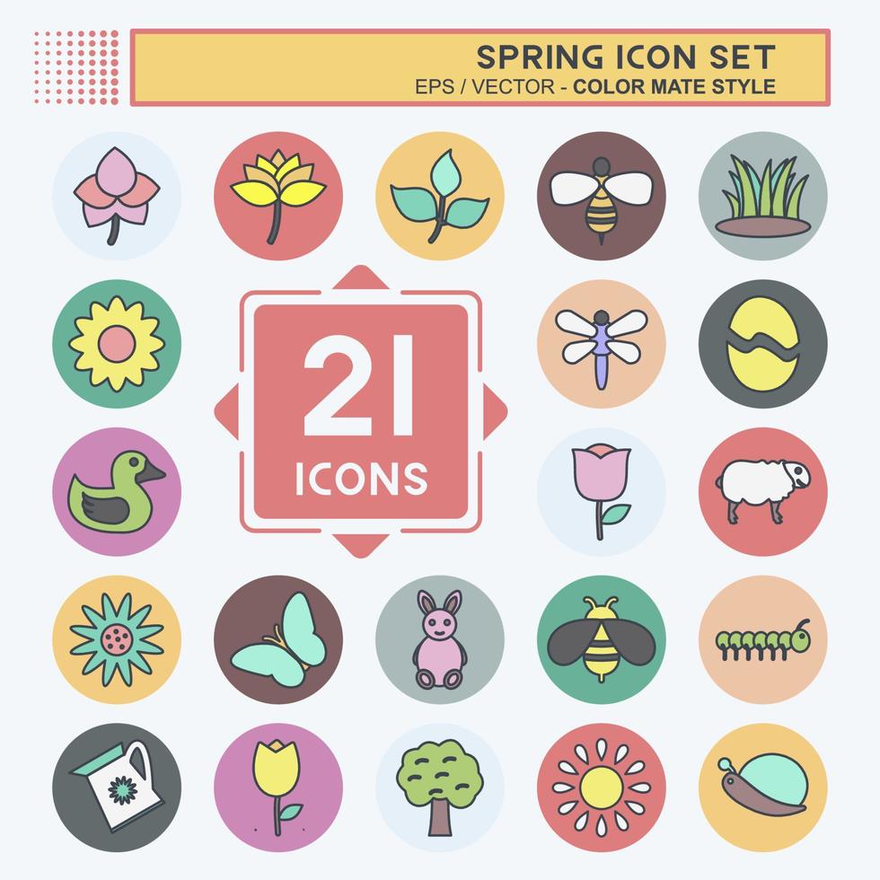 icône de jeu d'icônes de printemps dans le style de compagnon de couleur à la mode isolé sur fond bleu doux vecteur