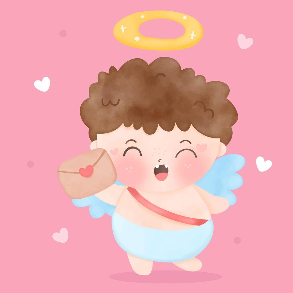 cupidon bébé bouclé enfant garçon ange dessin animé avec lettre d'amour saint valentin vecteur