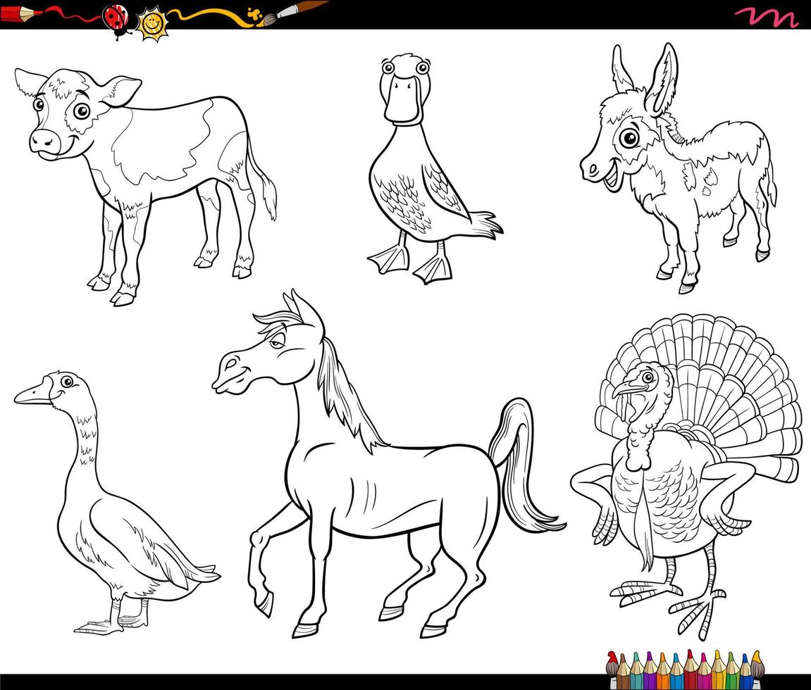 dessin animé, animaux de ferme, caractères, ensemble, livre coloration, page vecteur