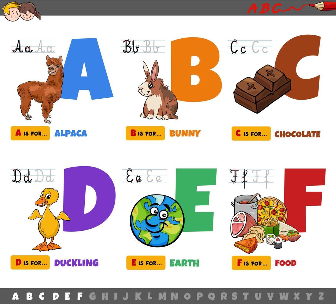 lettres de l'alphabet de dessin animé éducatif pour les enfants de a à f vecteur