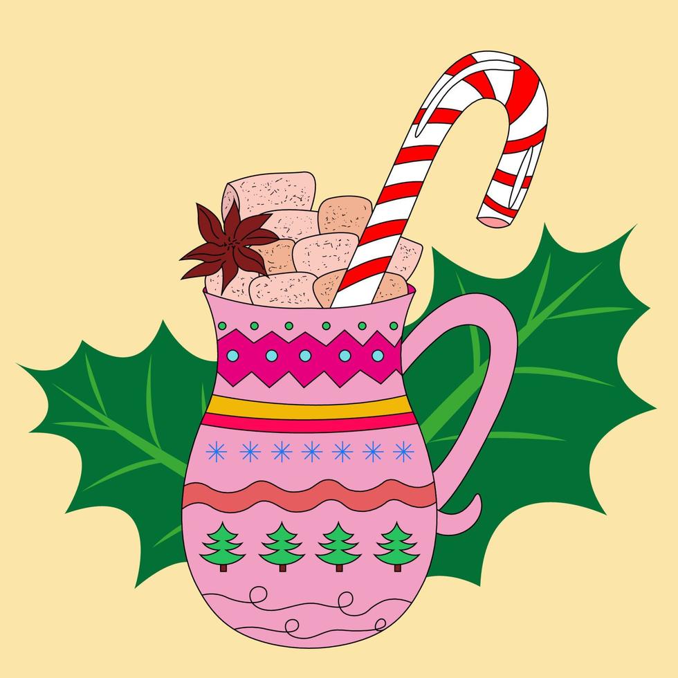 boisson chaude de noël. tasse rose avec bâton de canne en bonbon chocolat chaud cacao guimauves. houx en arrière-plan. illustration vectorielle de couleur vecteur