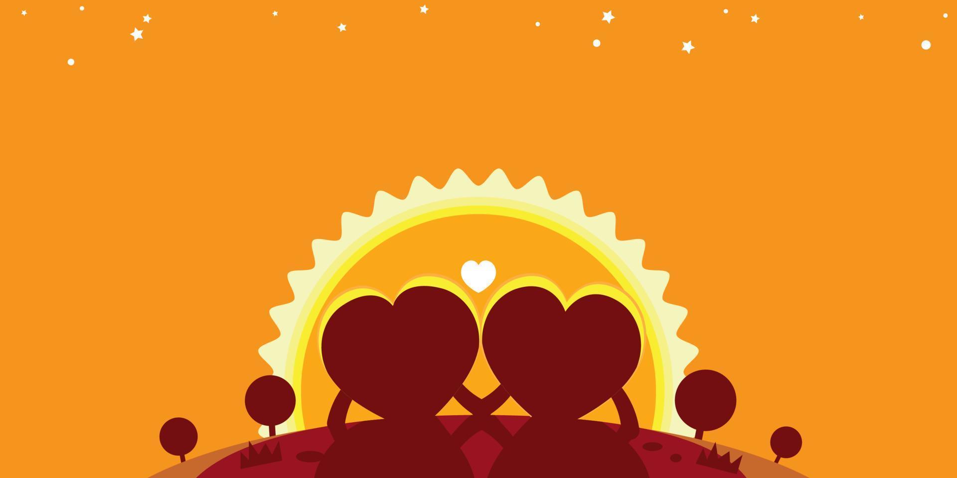 coeur dessin animé couple romantique coucher de soleil vecteur