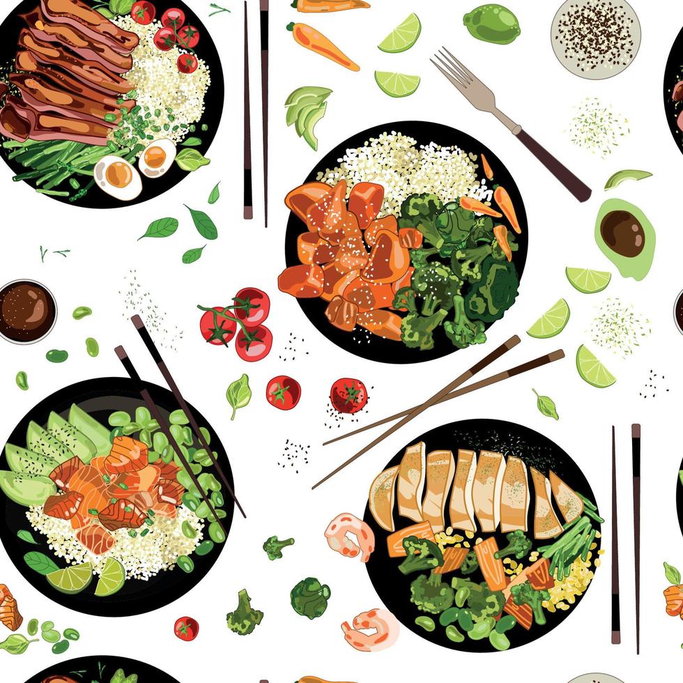 assiettes de divers motifs harmonieux d'aliments sains, dessinés dans un style cartoon dessiné à la main, isolés sur fond blanc poulet teriyaki avec riz et légumes, saumon avocat, steak, vue de dessus. vecteur