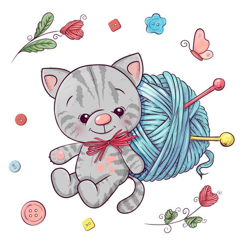 Set chaton et une pelote de laine pour le tricot. Dessin à main levée. Illustration vectorielle vecteur