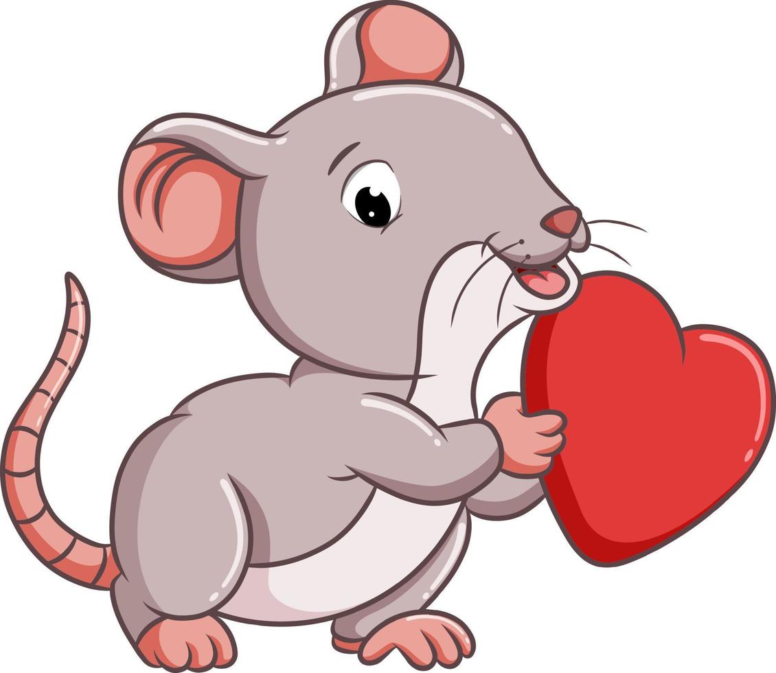 la souris mignonne tient le coeur d'amour avec la couleur rouge vecteur