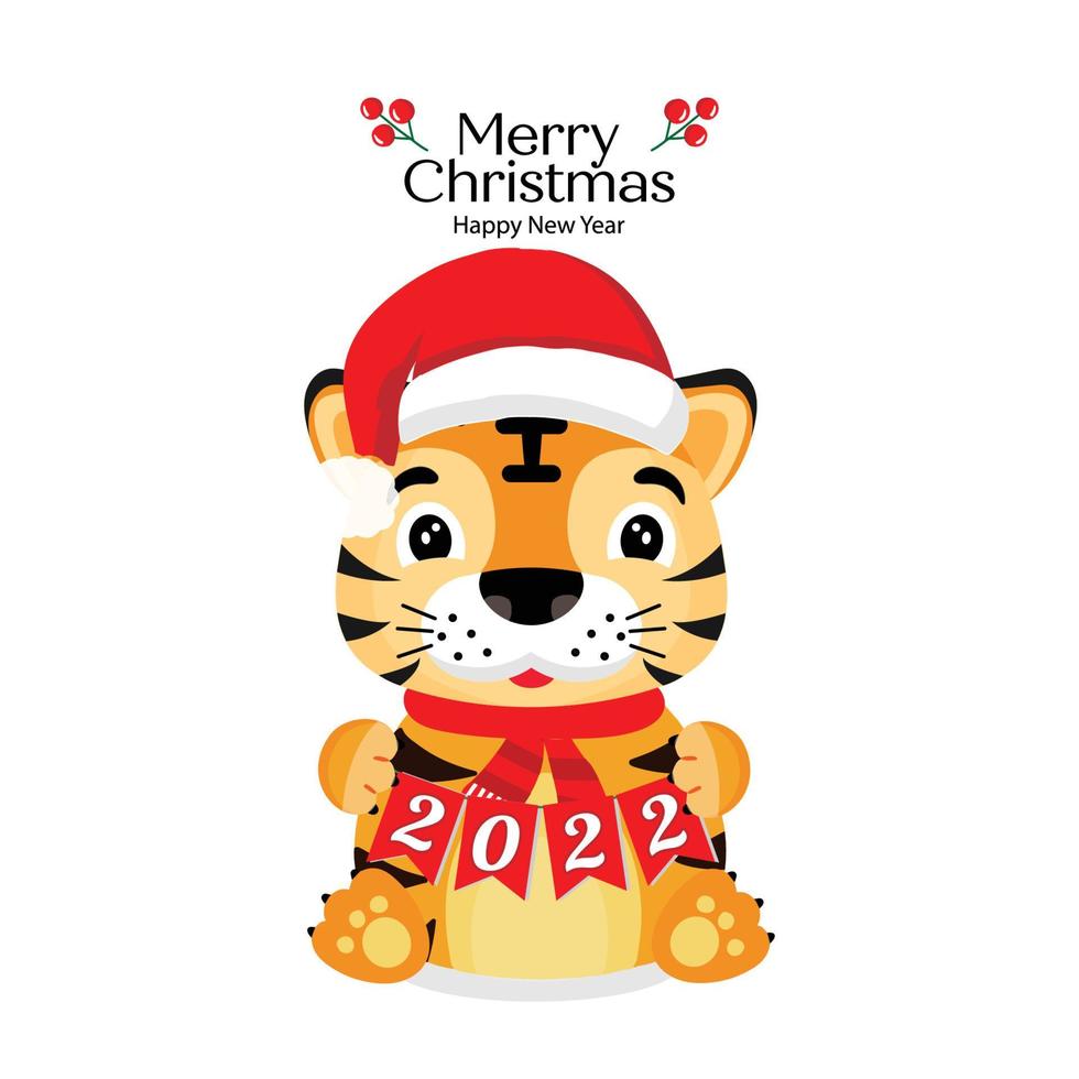 joyeux noël et bonne année carte de voeux avec tigre mignon. vecteur