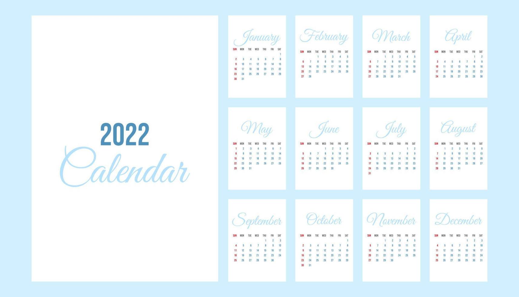 calendrier anglais de l'année 2022, calendrier avec mois. vecteur
