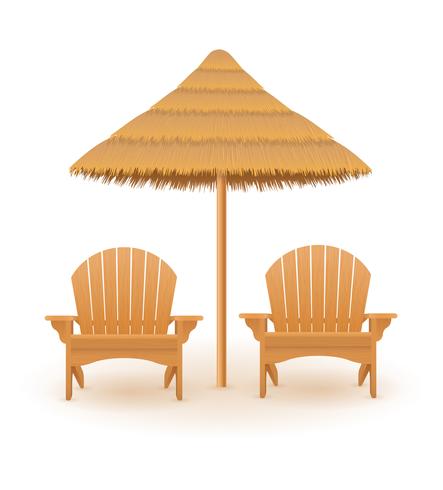 Fauteuil de plage chaise longue chaise longue en bois et parasol en illustration vectorielle paille et roseau vecteur