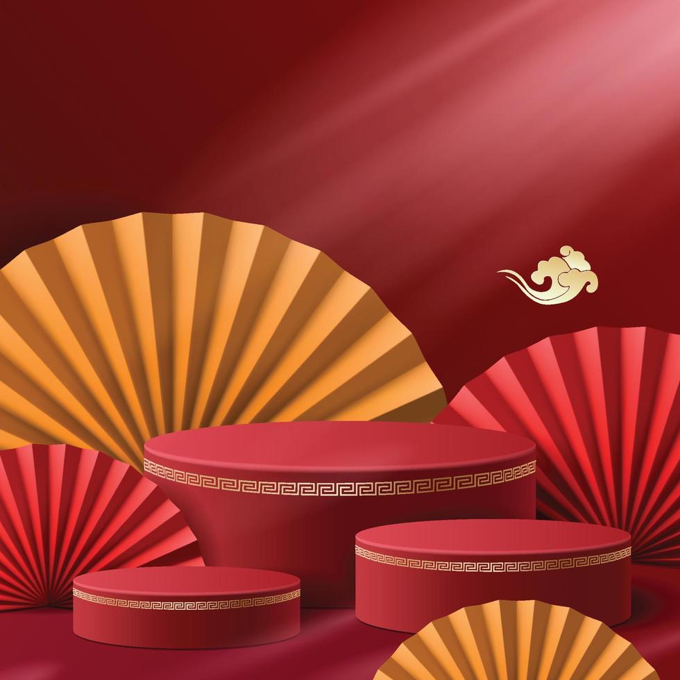 scène de maquette minimale abstraite. podium pour l'affichage des produits d'exposition. piédestal ou plate-forme de scène. fond rouge du nouvel an chinois. vecteur 3D