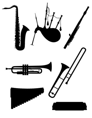 instruments de musique à vent mis icônes contour noir silhouette illustration vectorielle stock vecteur