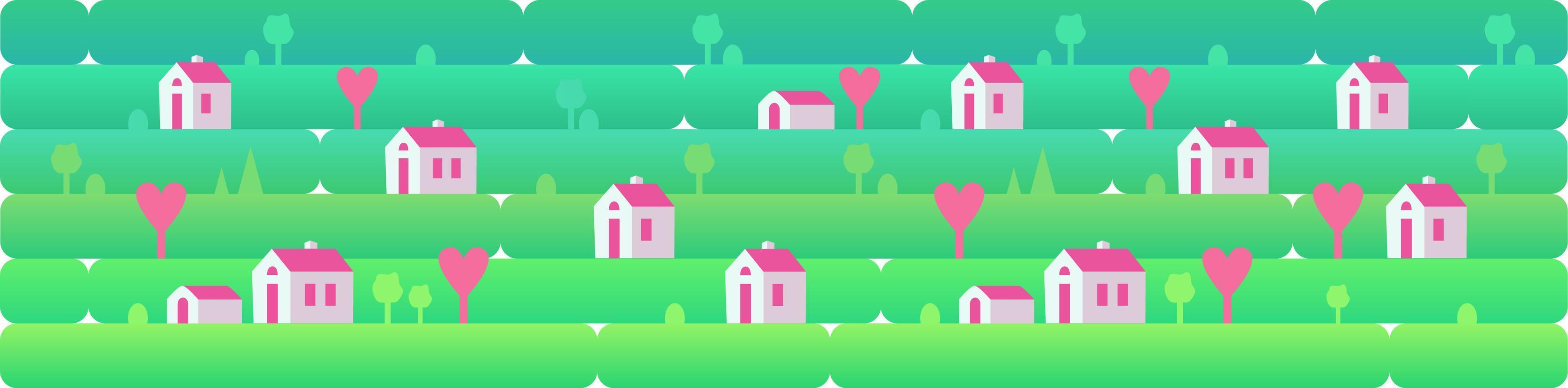 bannière un paysage de jour avec de petites maisons et des coeurs roses, sur fond d'herbe, de nature, de collines. illustration vectorielle dans un style plat pour la conception, les jeux ou les sites Web vecteur
