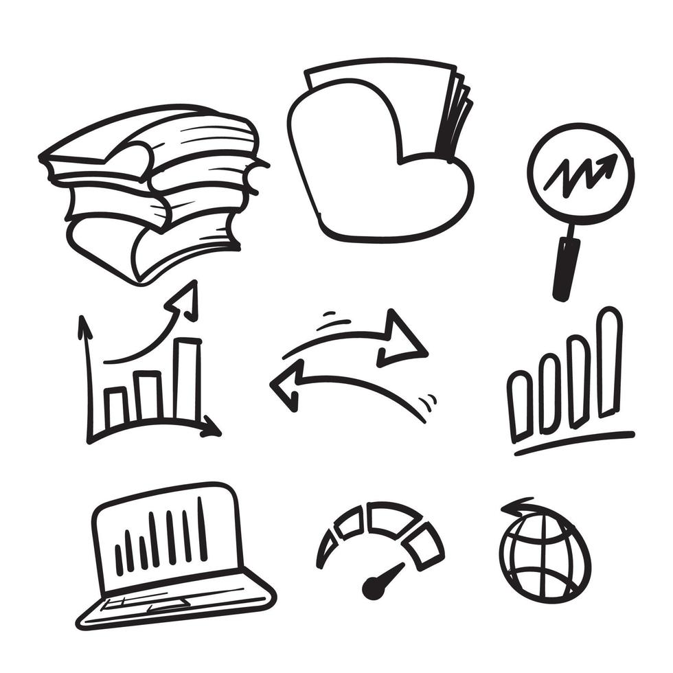 ensemble simple dessiné à la main d'icônes de lignes vectorielles liées à l'analyse de données dans doodle vecteur