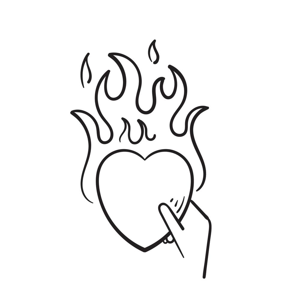 coeur doodle dessiné à la main avec symbole d'illustration de feu isolé vecteur