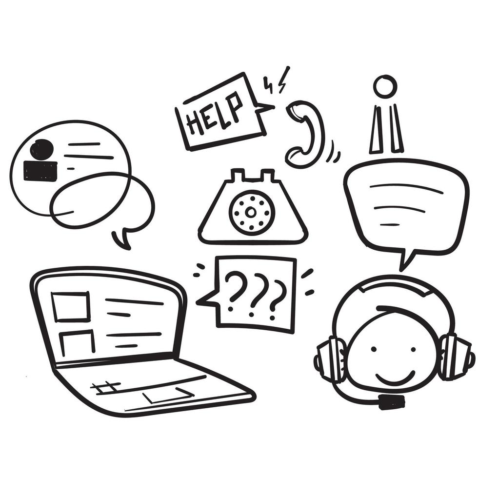 assistant en ligne doodle dessiné à la main. service de support technique virtuel, assistance personnelle et symbole d'illustration de communication d'opérateur de hotline isolé vecteur