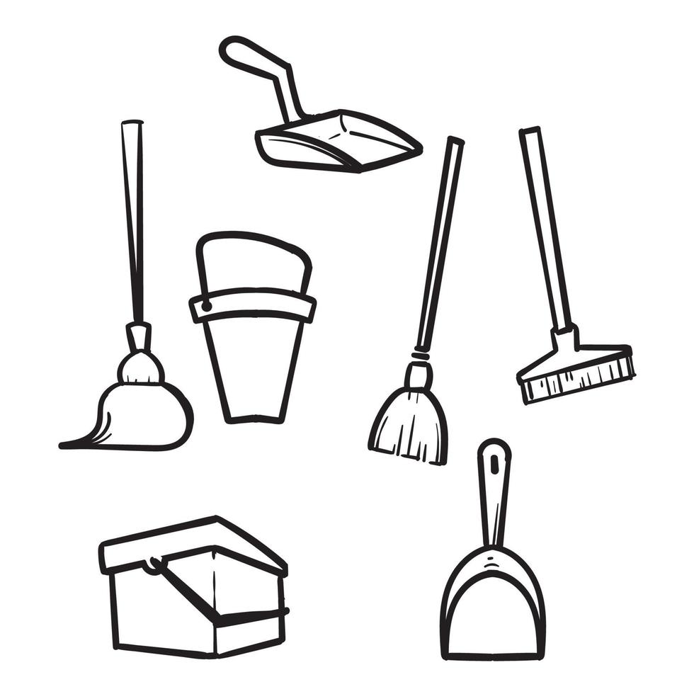 équipement de nettoyage de travaux ménagers doodle dessinés à la main, vecteur d'illustration de balai et de vadrouille isolé