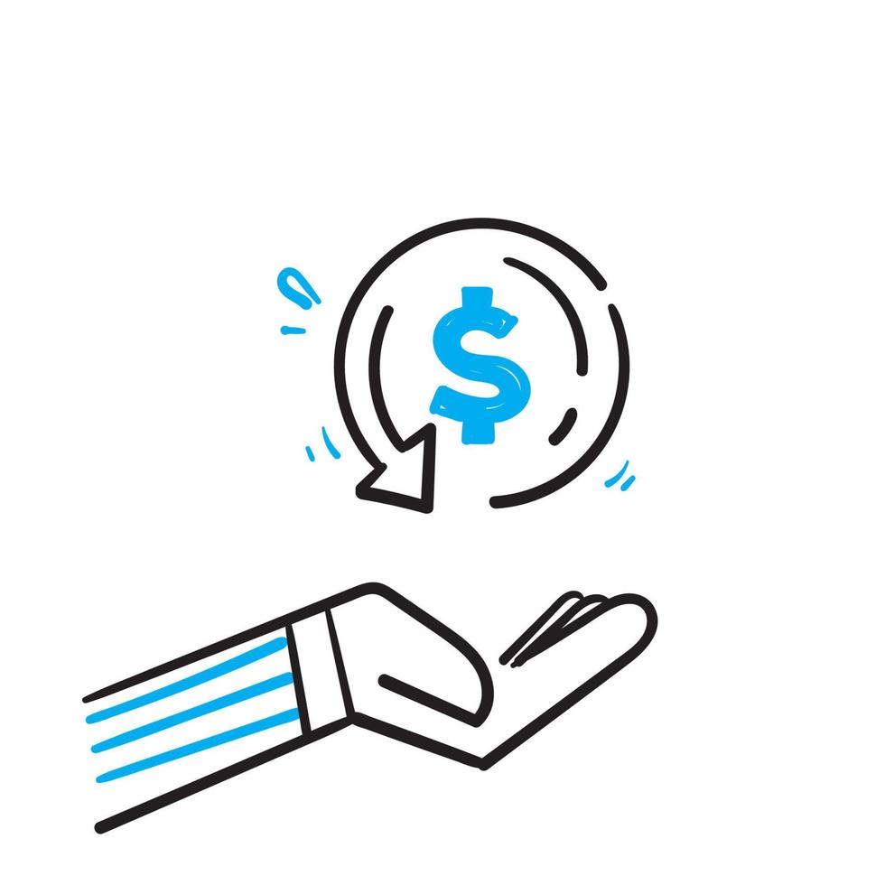 main dessinée à la main et symbole du signe dollar pour l'icône de remise en argent, remboursement de l'argent, remise en argent dans le doodle vecteur