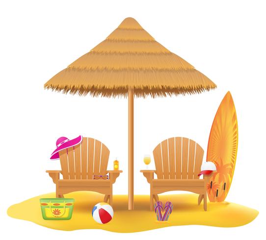 Fauteuil de plage chaise longue chaise longue en bois et parasol en illustration vectorielle paille et roseau vecteur