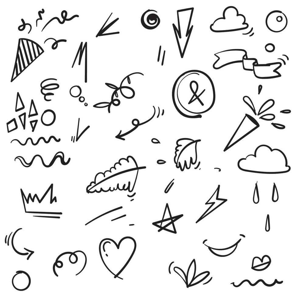 flèches abstraites, rubans et autres éléments dans un style dessiné à la main pour la conception de concept avec un style dessiné à la main doodle illustration vecteur