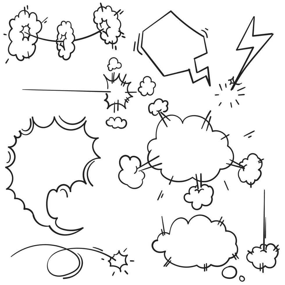 nuages de mouvement rapide dessinés à la main, mouvements de souffle de fumée ou de nuage de bouffées. Explosion de souffle de tempête de vent doodle avec vecteur de style de dessin animé