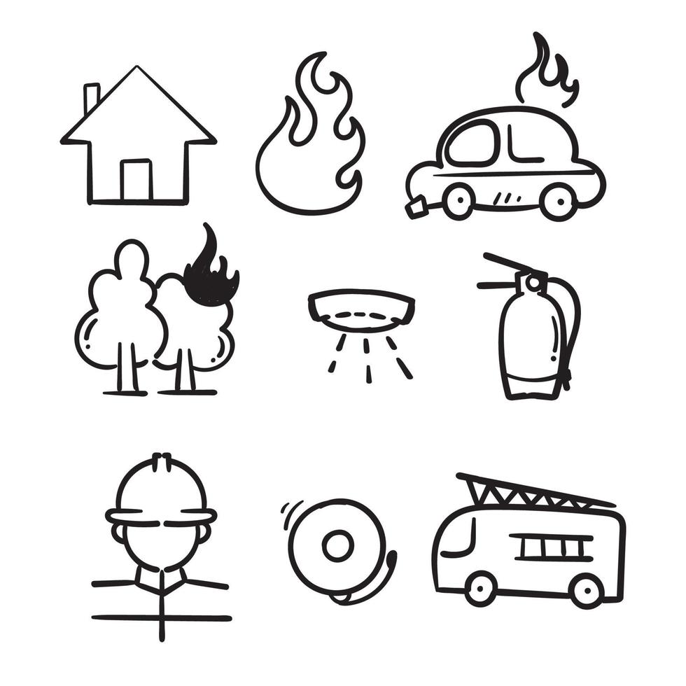 jeu d'icônes liées au feu et à la lutte contre les incendies dessinés à la main dans un style doodle vecteur